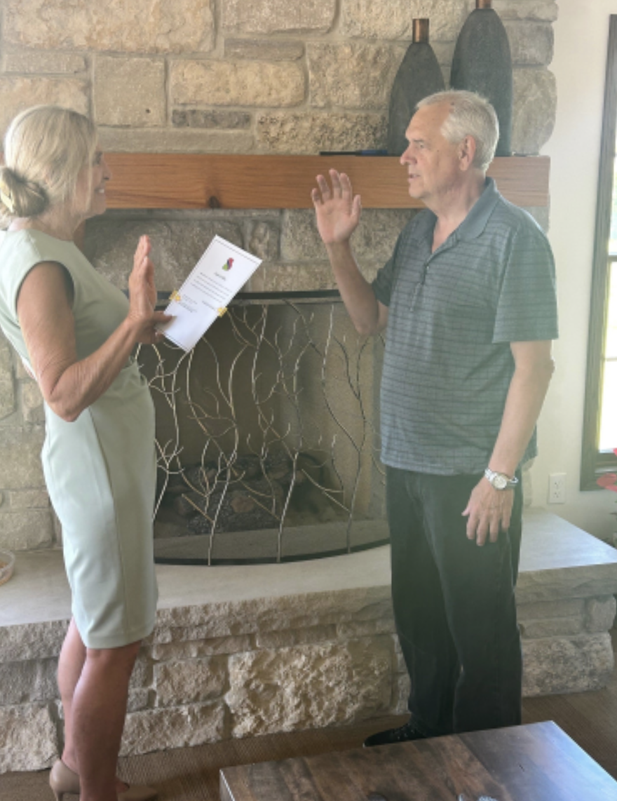 Mayor McCombie swearing in J.Kazmier, as Commissioner of the Plan Commission and Zoning Board.